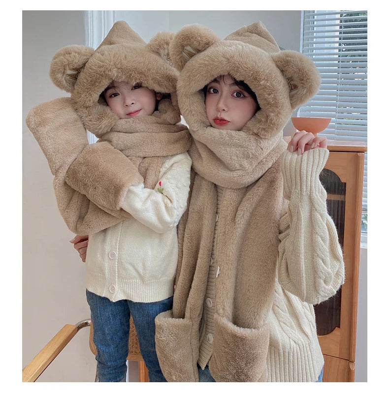 Super Thick Warm Plushie Bear Hooded Scarf
