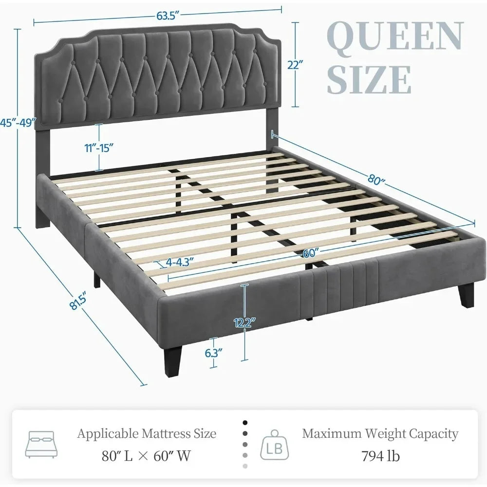 Velvet Upholstered Platform Bed with Curved Height-Adjustable Headboard
