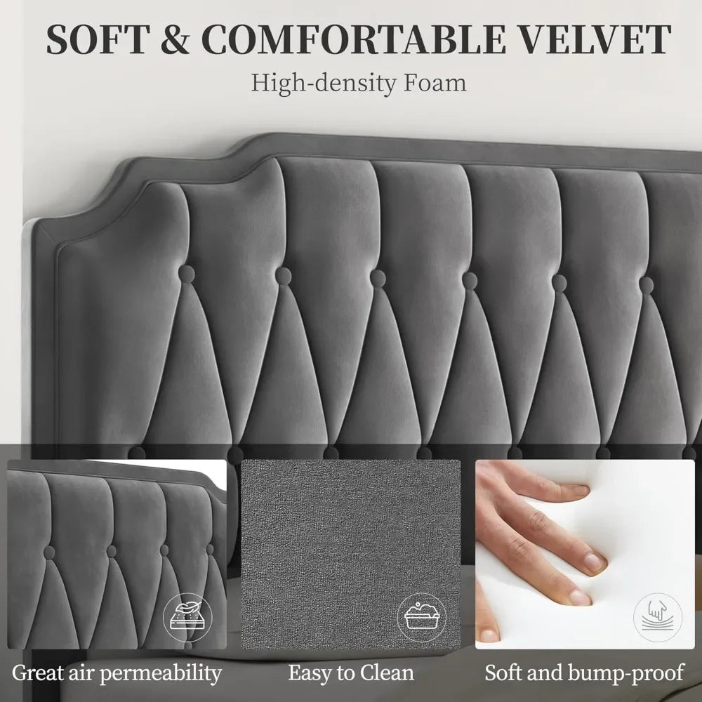 Velvet Upholstered Platform Bed with Curved Height-Adjustable Headboard