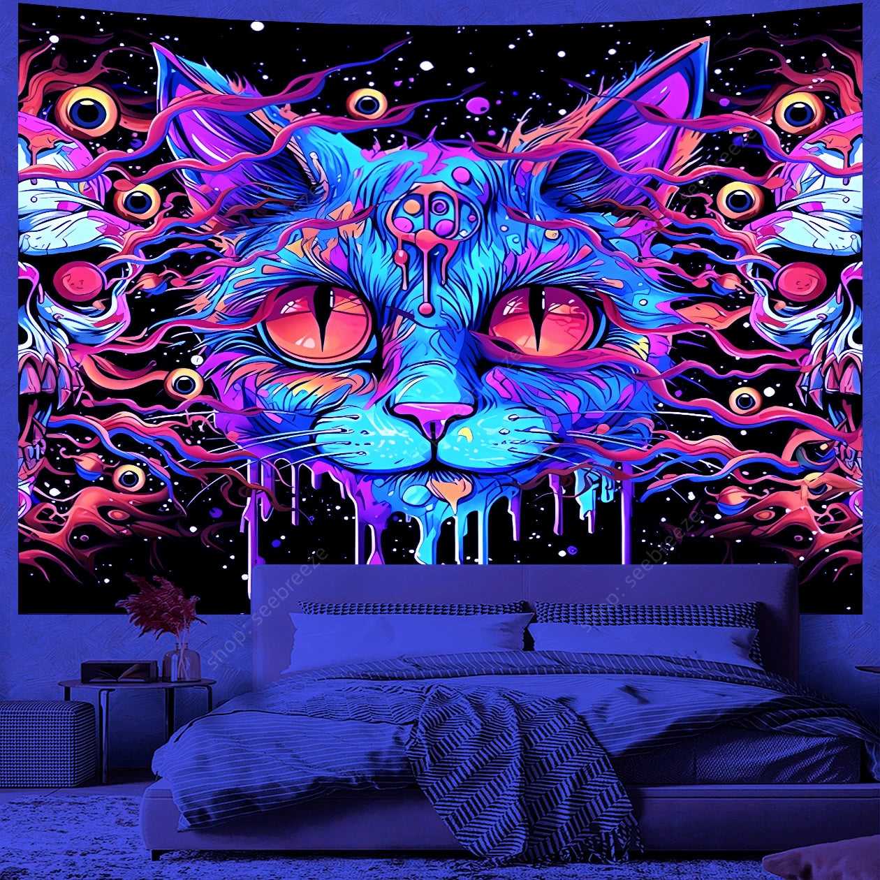 Psychedelic Cute Cat UV Reactive tapestry