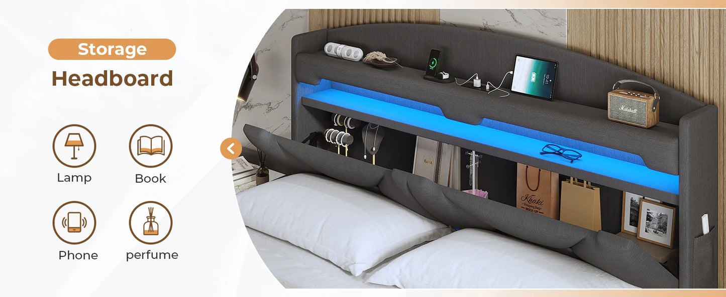 Floating Bedframe with extra Storage and Charging Station