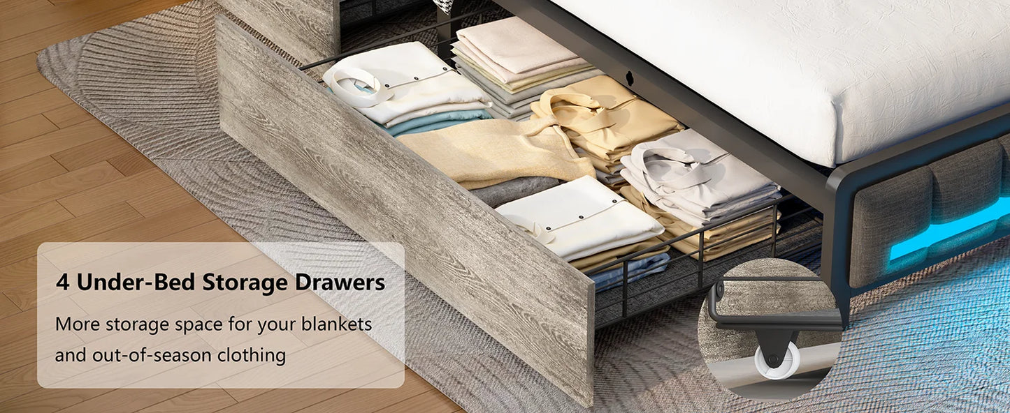Bed Frame, with 4 Storage Drawers and Bookcase Headboard