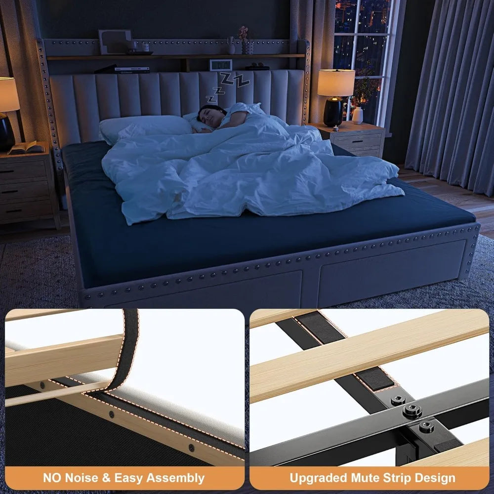 Cushion upholstered Bed Frame with 2 Drawer Storage