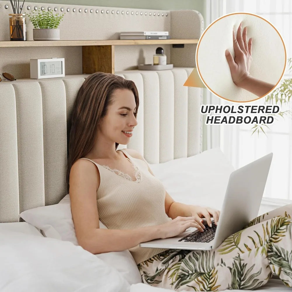 Cushion upholstered Bed Frame with 2 Drawer Storage