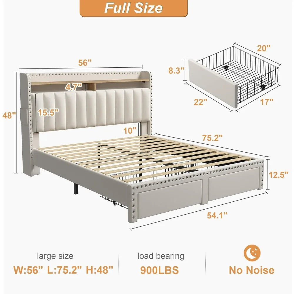 Cushion upholstered Bed Frame with 2 Drawer Storage