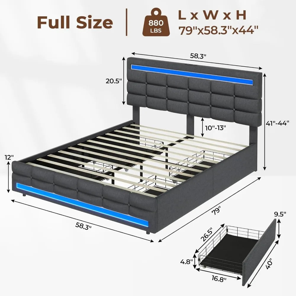 Cushy Bedframe with LED lights and charging station
