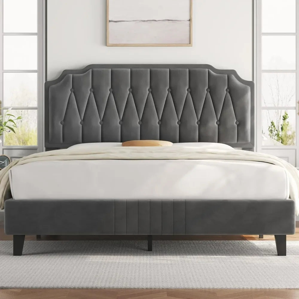 Velvet Upholstered Platform Bed with Curved Height-Adjustable Headboard