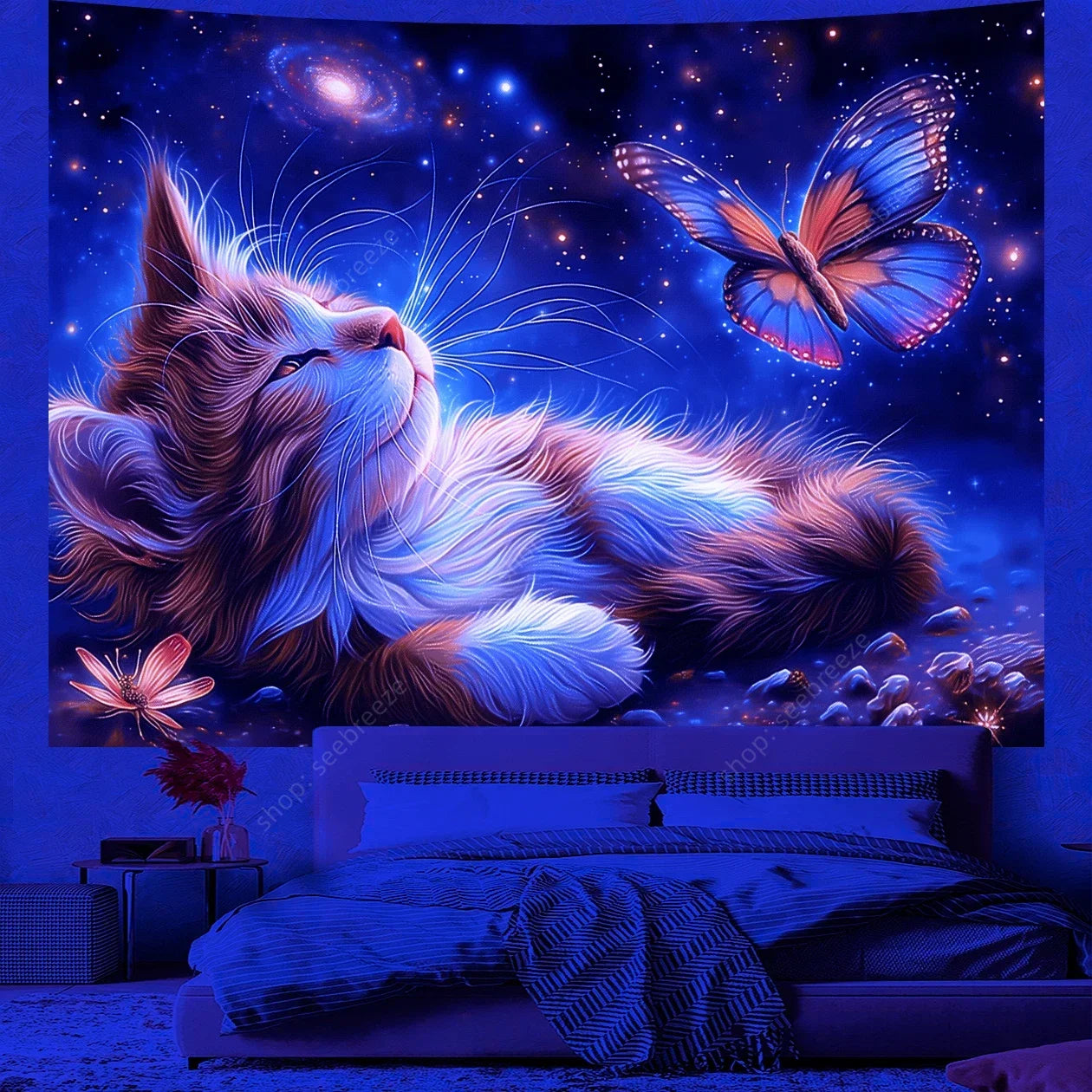 Psychedelic Cute Cat UV Reactive tapestry