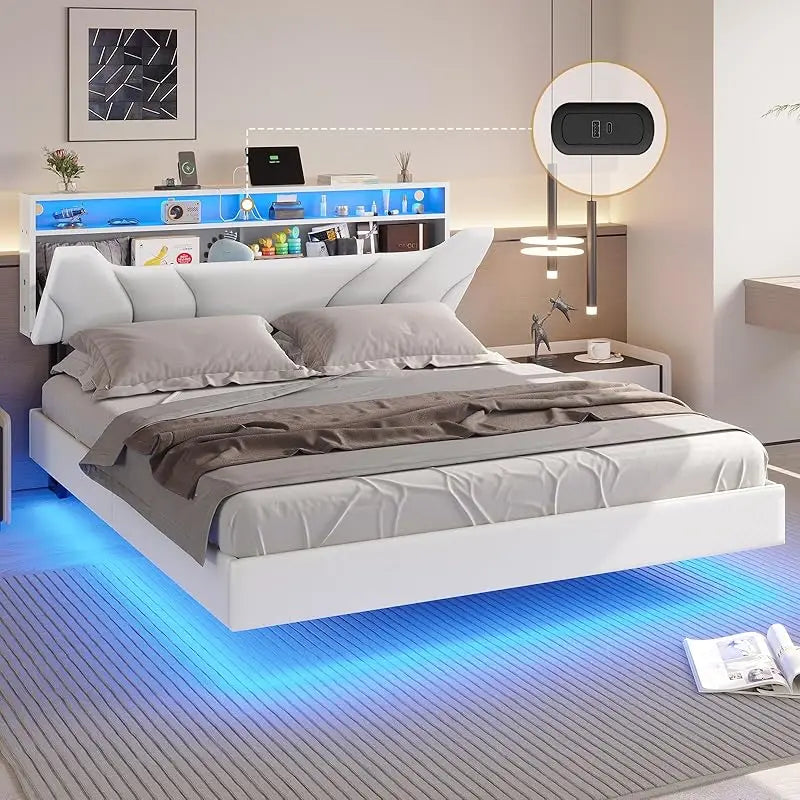 Floating LED bedframe with Storage and Charging Station