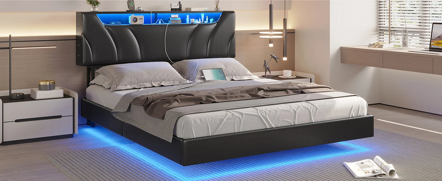 Floating LED bedframe with Storage and Charging Station