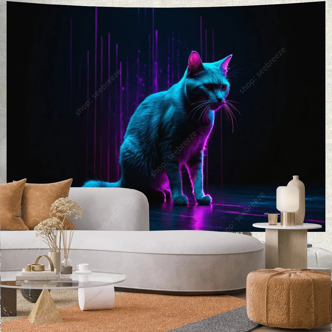 Psychedelic Cute Cat UV Reactive tapestry