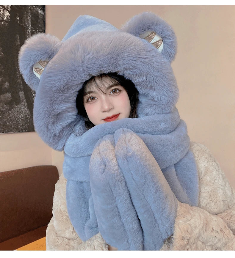 Super Thick Warm Plushie Bear Hooded Scarf