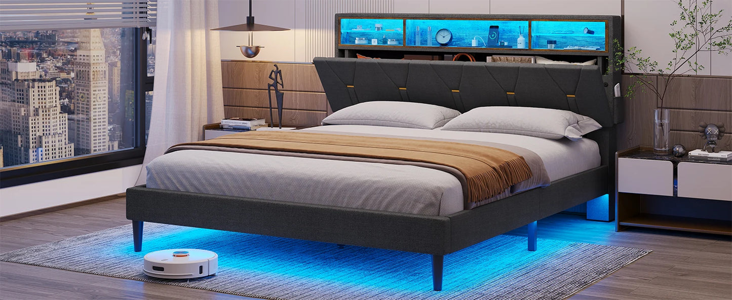 Bed Frame with Drawers & LED Lights Headboard Footboard