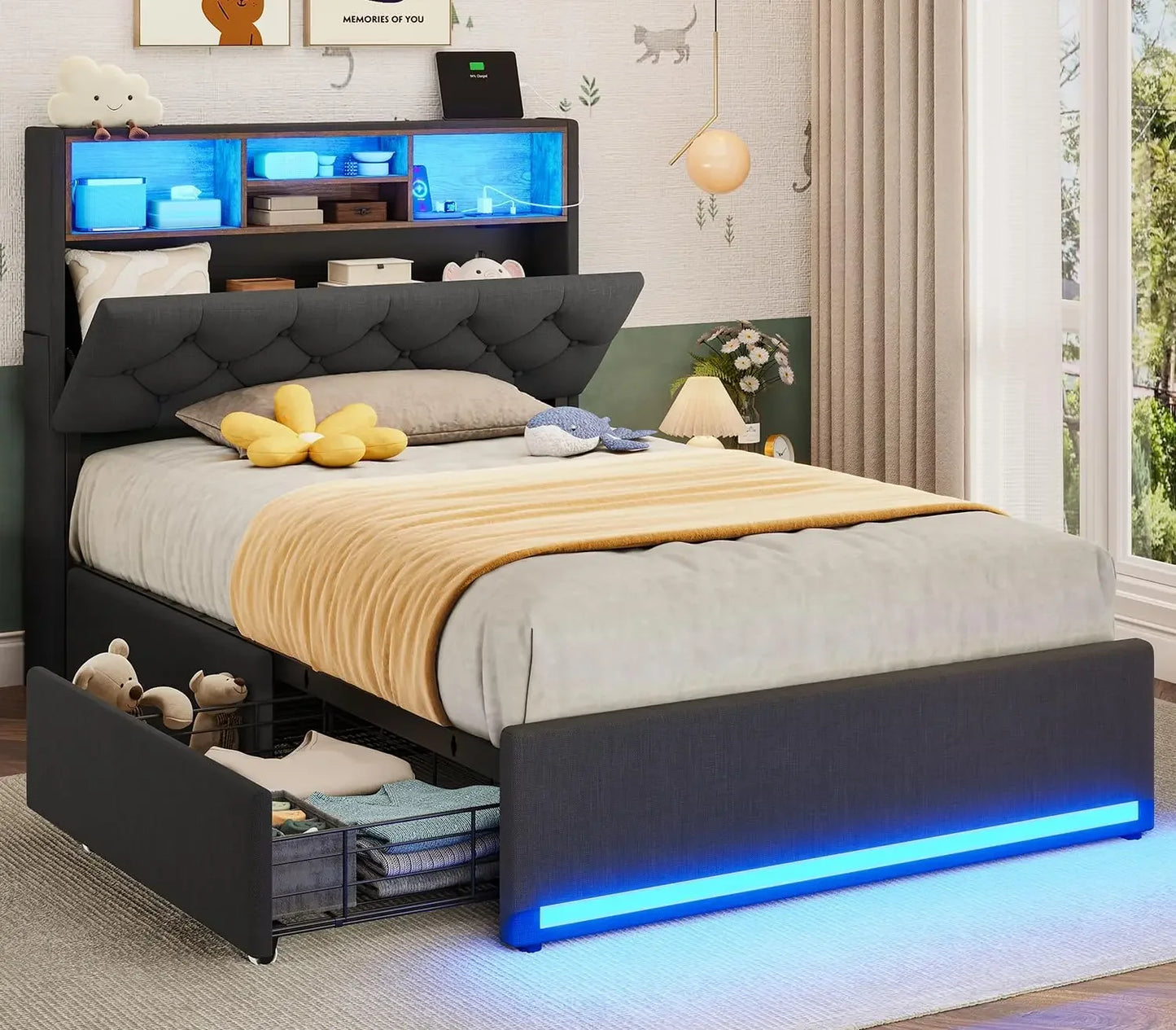 Bed Frame with Storage Headboard & 4 Drawers
