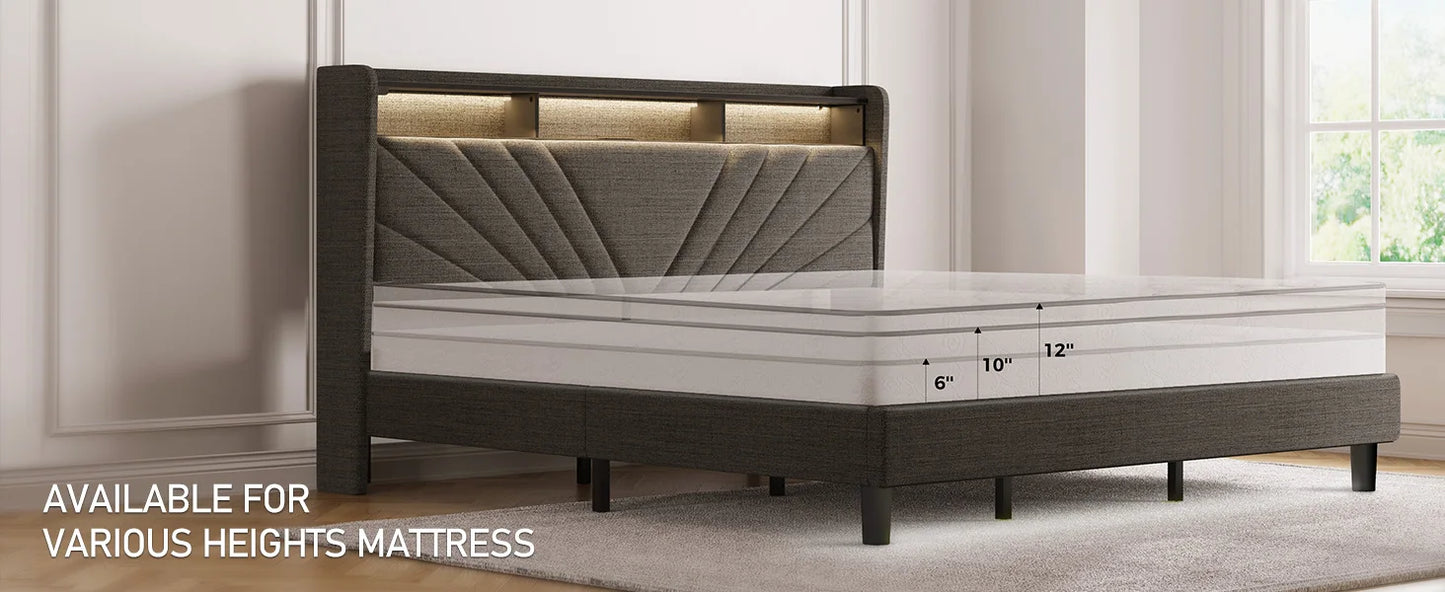 Bedframe with Storage Headboard and Upholstered with Heavy Duty Wood Slats