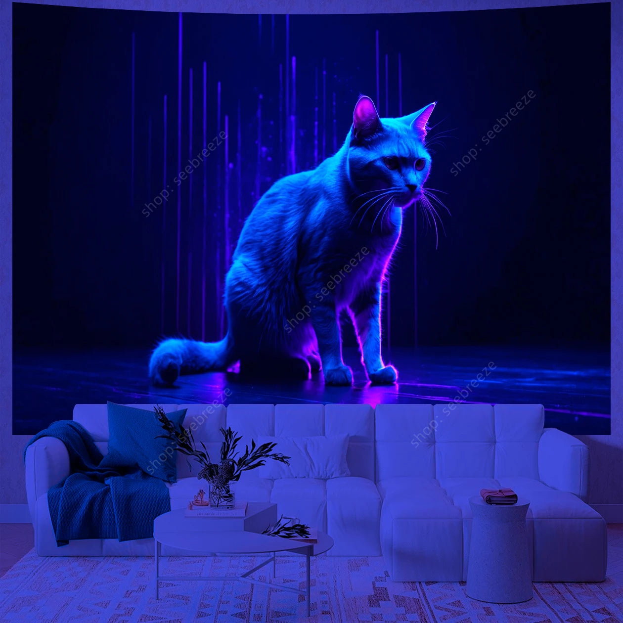 Psychedelic Cute Cat UV Reactive tapestry