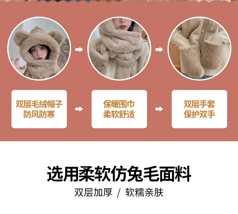 Super Thick Warm Plushie Bear Hooded Scarf
