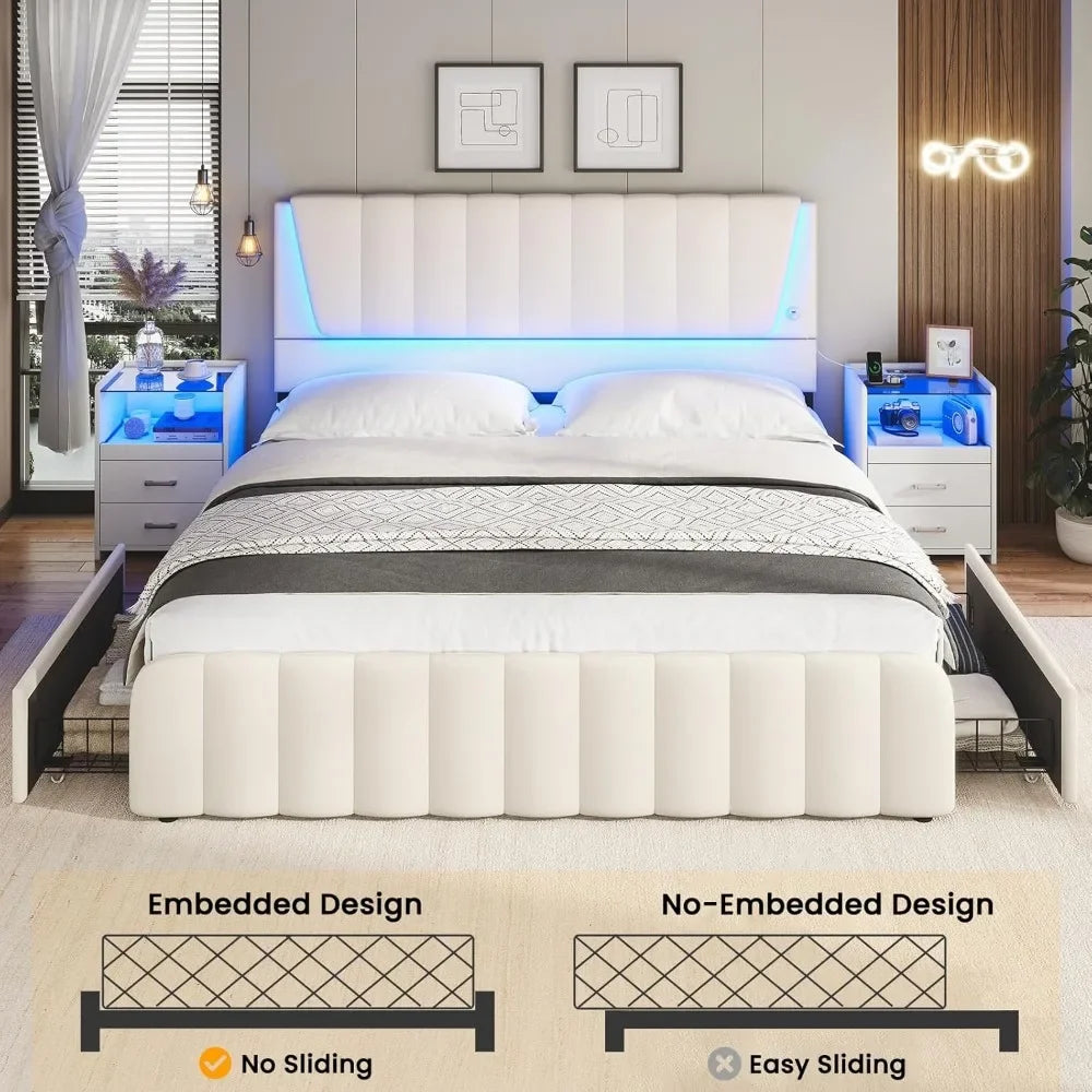 Bed Frame with 4 Storage Drawers, Led Lights & 2 USB Ports