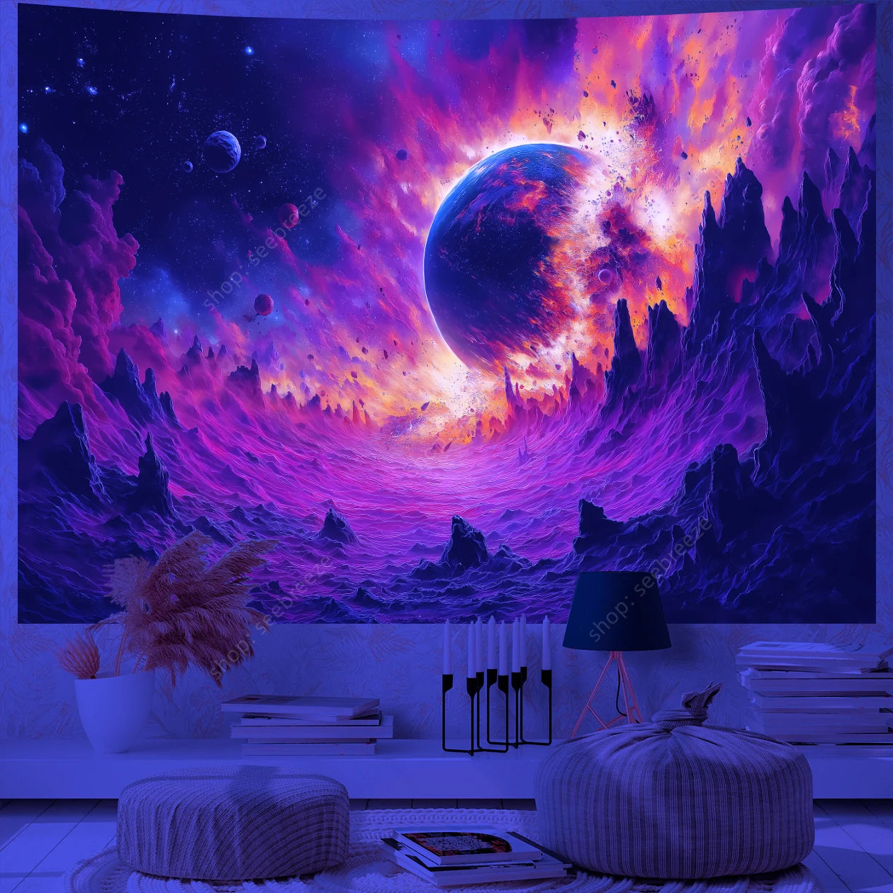 Galaxy Space Landscape UV Reactive Tapestries