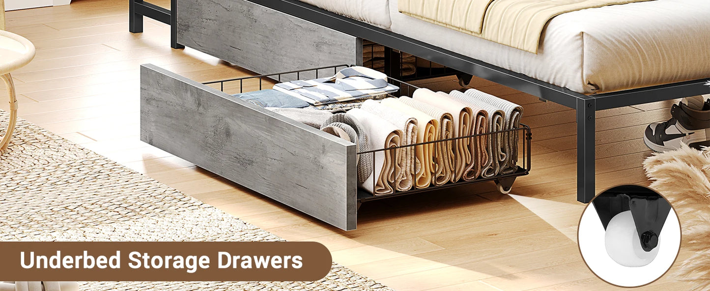 Corner Bed Frame with Bookcase and 2 Underbed Storage Drawers
