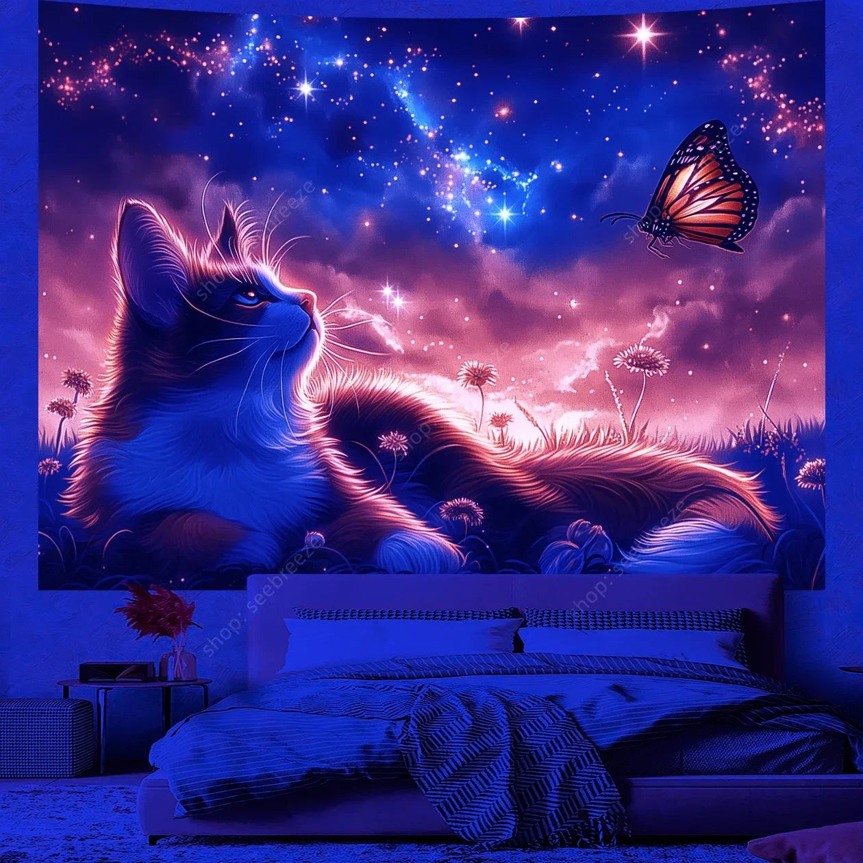 Psychedelic Cute Cat UV Reactive tapestry