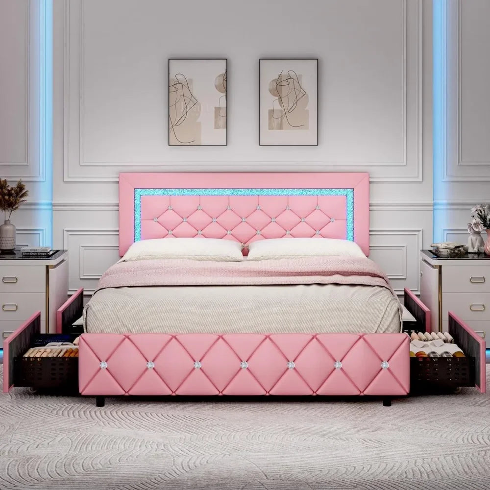 Princess style Bed Frame with Diamond Headboard and Storage