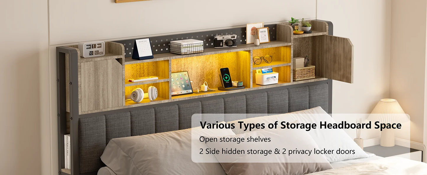 Bed Frame, with 4 Storage Drawers and Bookcase Headboard