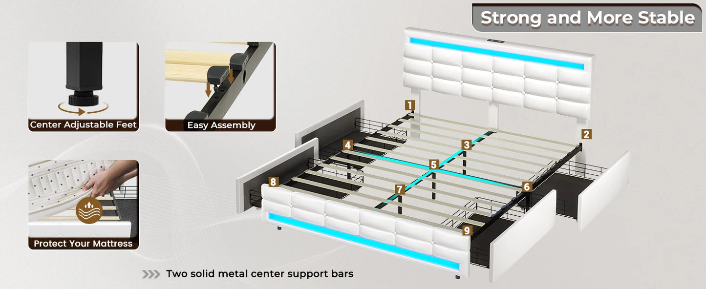 Bed Frame with Drawers & LED Lights Headboard Footboard