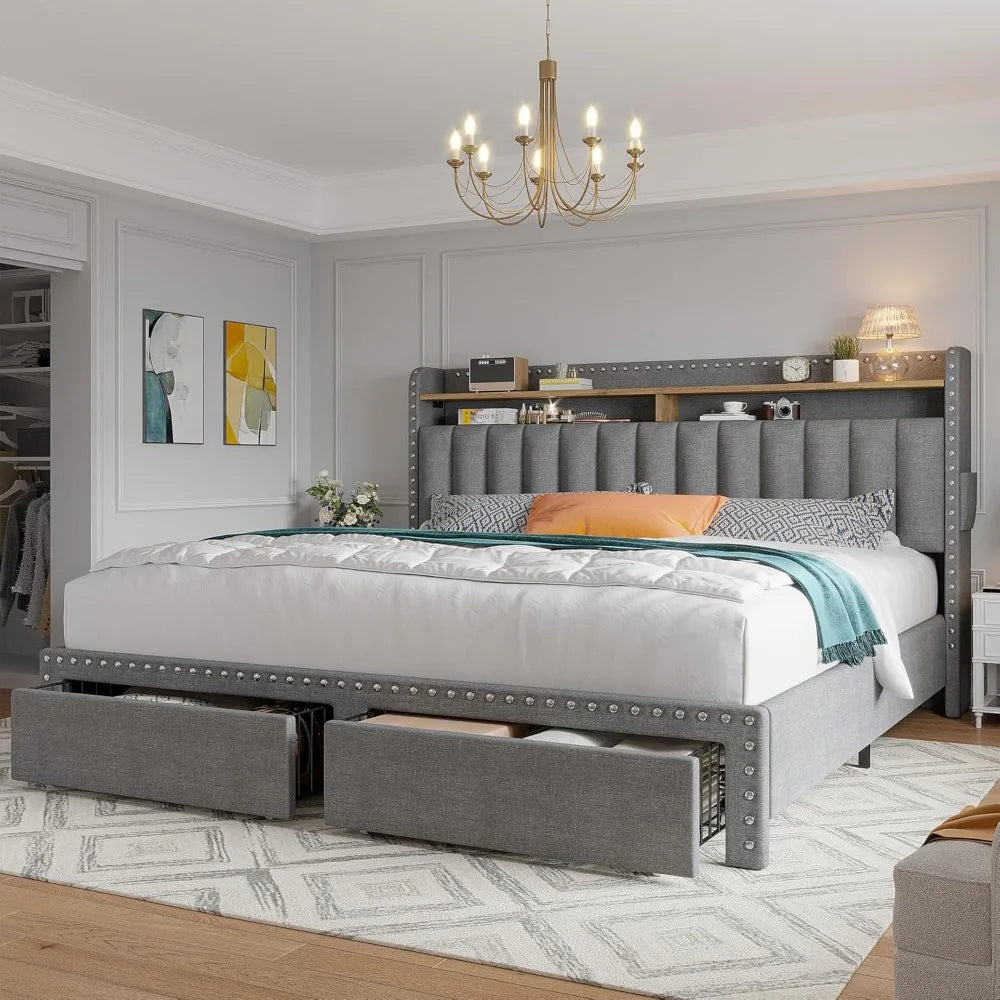 Cushion upholstered Bed Frame with 2 Drawer Storage