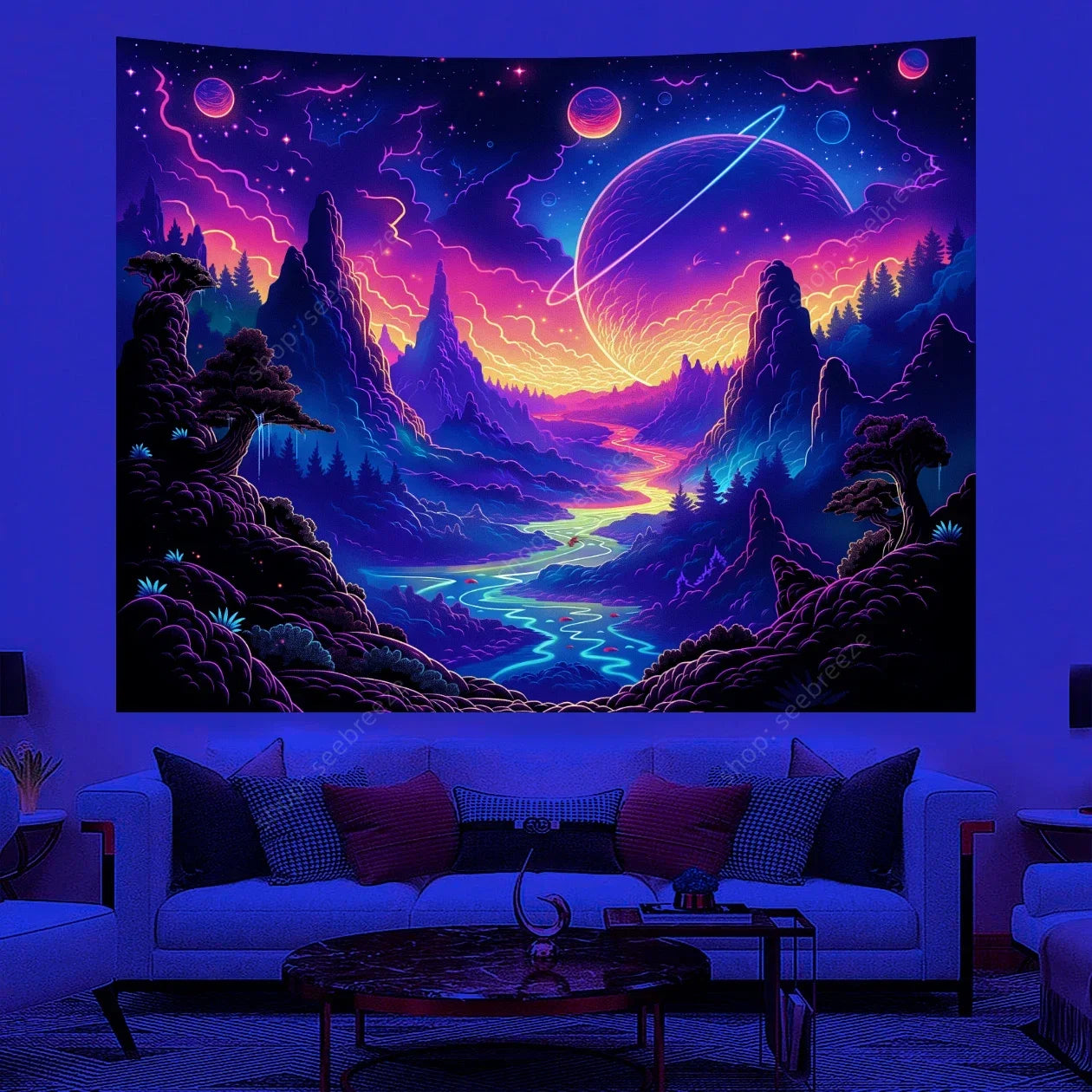 Galaxy Space Landscape UV Reactive Tapestries