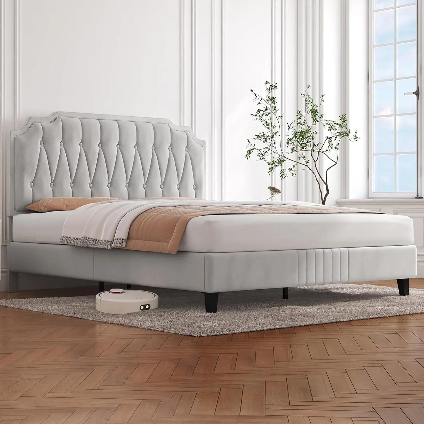 Velvet Upholstered Platform Bed with Curved Height-Adjustable Headboard