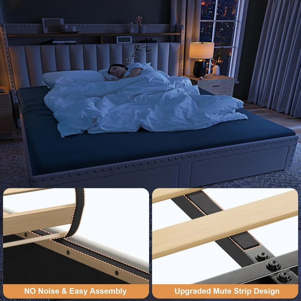 Cushion upholstered Bed Frame with 2 Drawer Storage