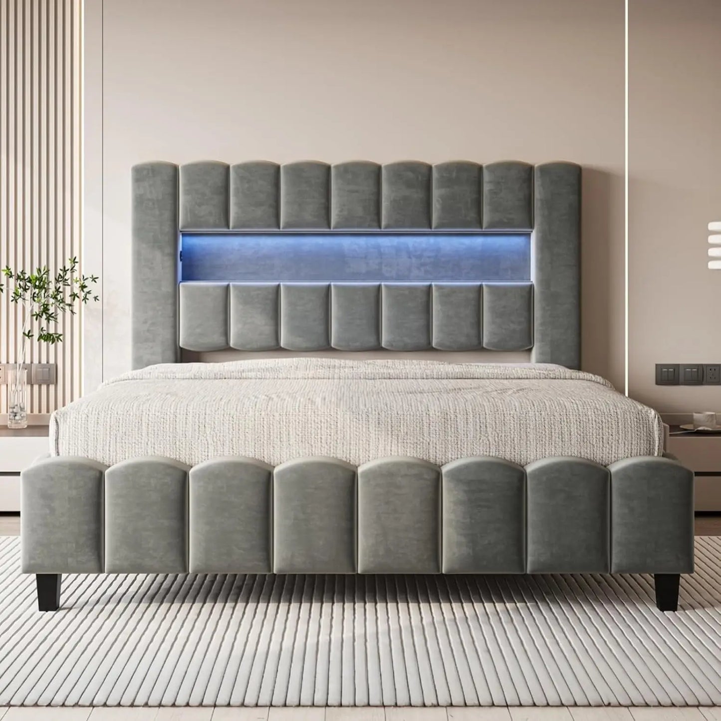 Velvet Upholstered Platform Bed Frame with Charging Station and Storage Headboard