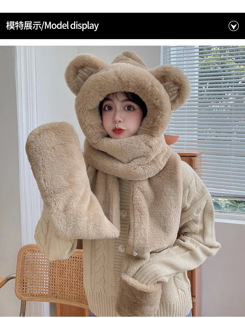 Super Thick Warm Plushie Bear Hooded Scarf