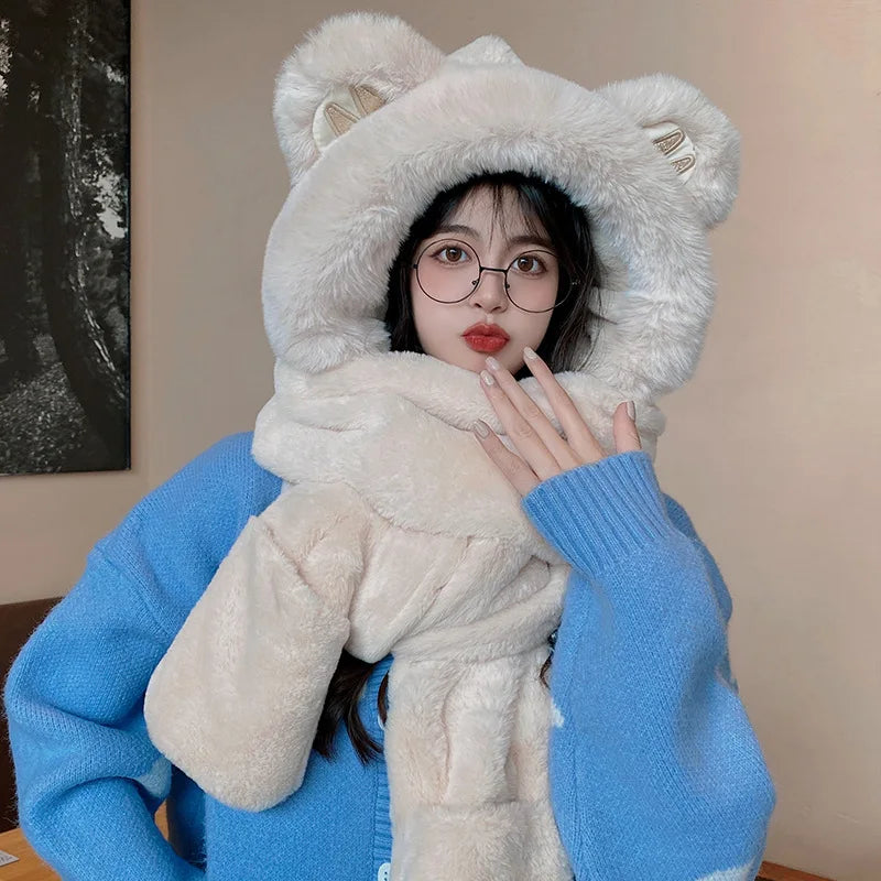 Super Thick Warm Plushie Bear Hooded Scarf
