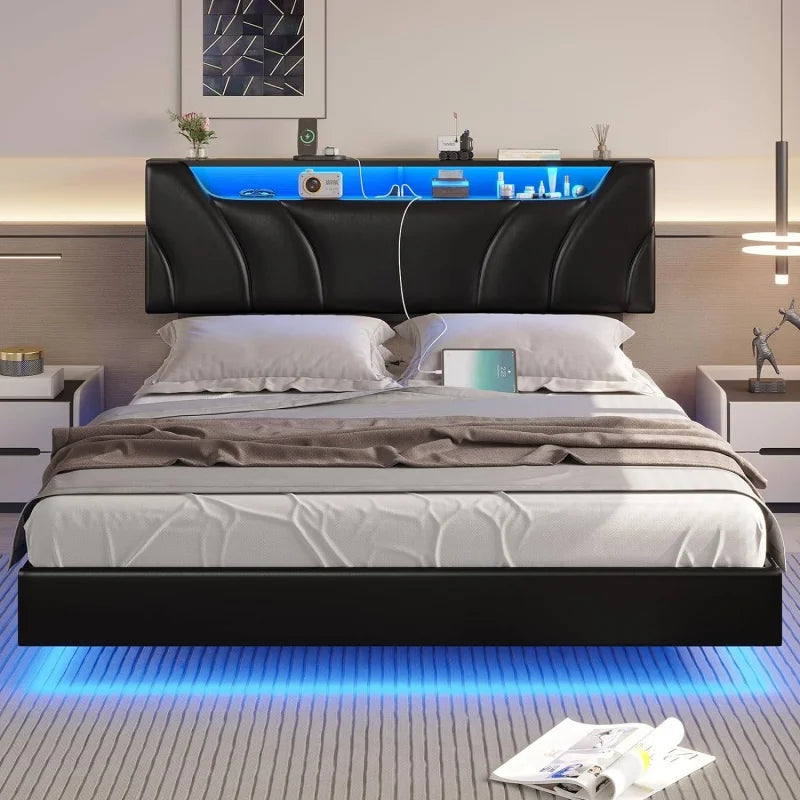 Floating LED bedframe with Storage and Charging Station