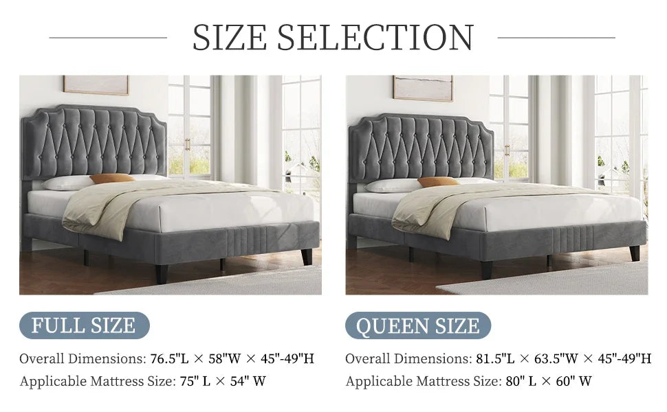 Velvet Upholstered Platform Bed with Curved Height-Adjustable Headboard