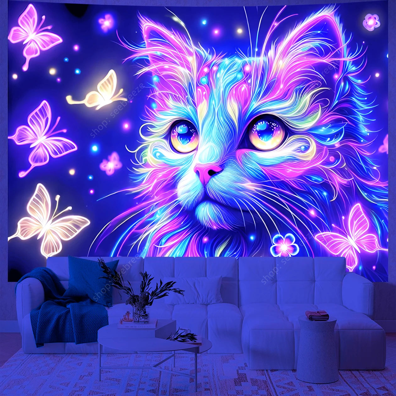 Psychedelic Cute Cat UV Reactive tapestry