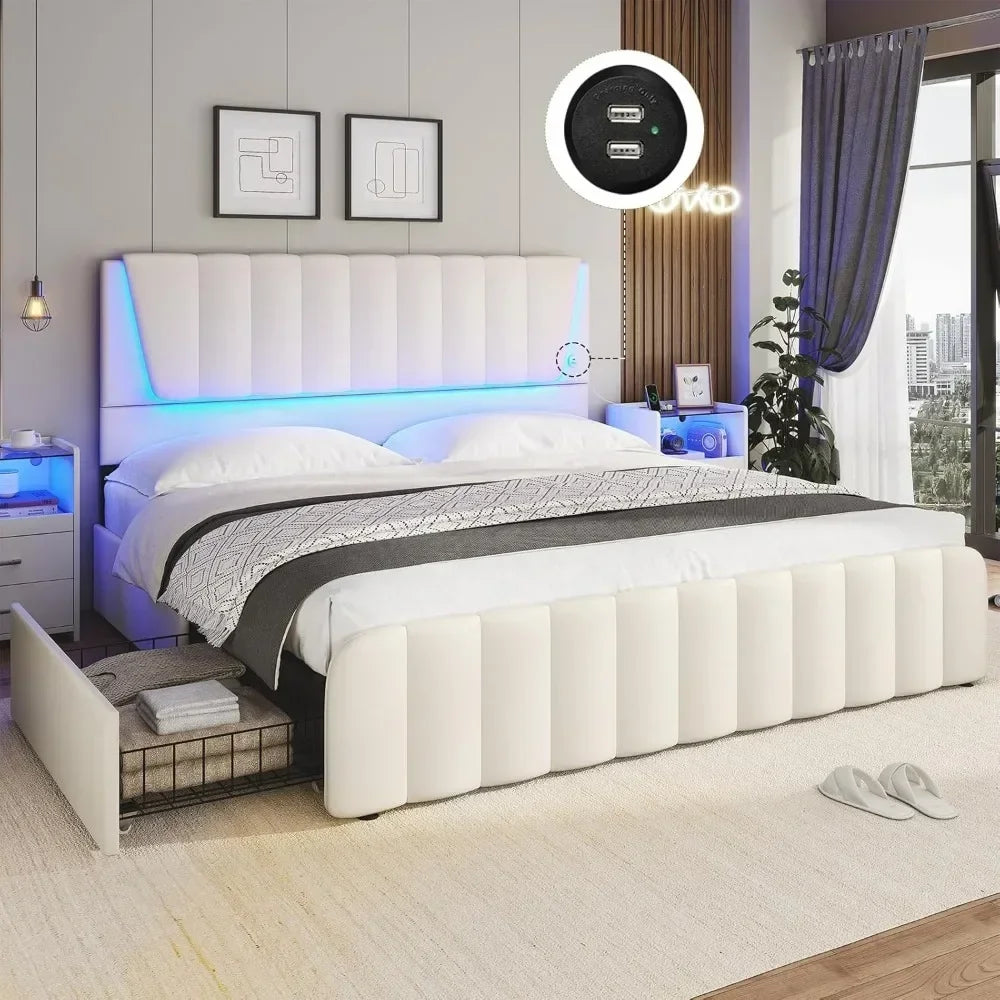 Bed Frame with 4 Storage Drawers, Led Lights & 2 USB Ports