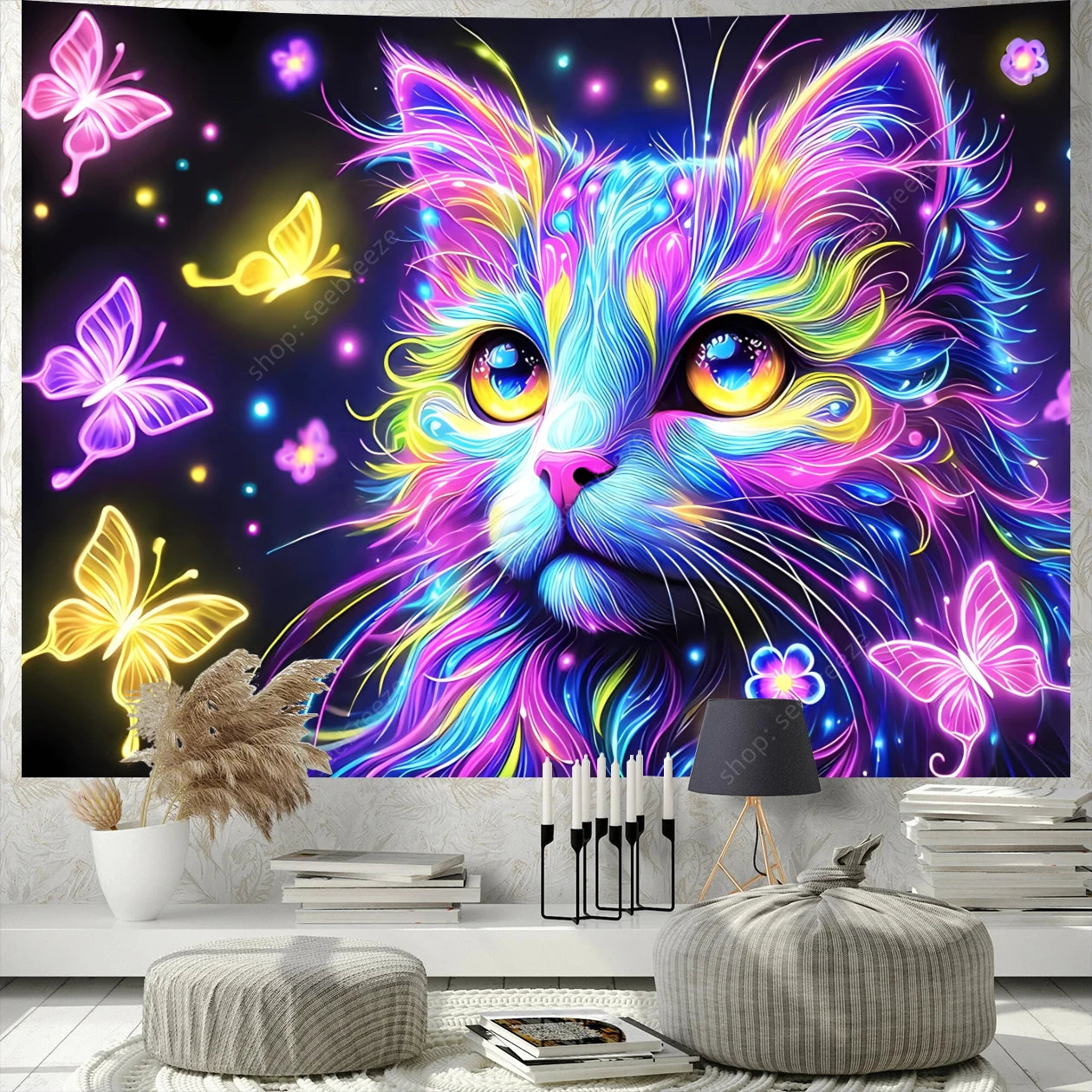 Psychedelic Cute Cat UV Reactive tapestry