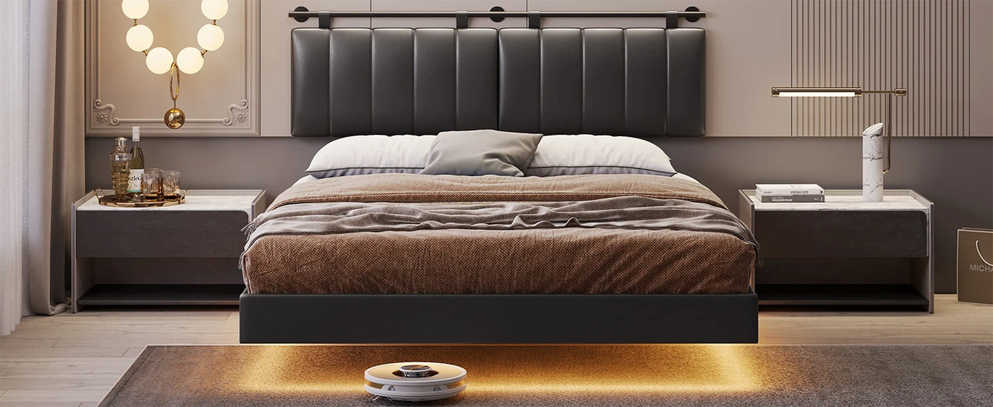 Floating LED bedframe with Storage and Charging Station