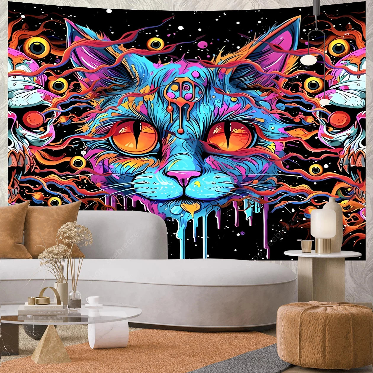 Psychedelic Cute Cat UV Reactive tapestry