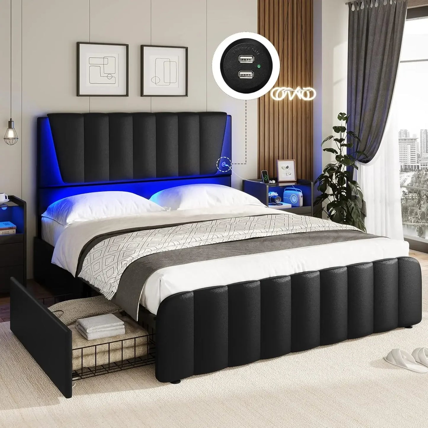Bed Frame with 4 Storage Drawers, Led Lights & 2 USB Ports