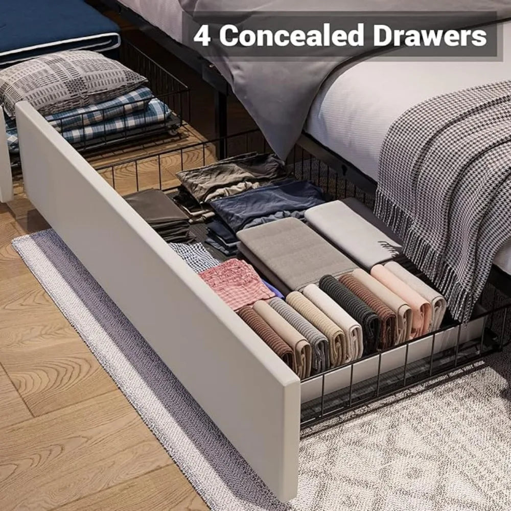 Leather Upholstered Bed Frame with 4 Storage Drawers LED Platform Bed and Charging Station