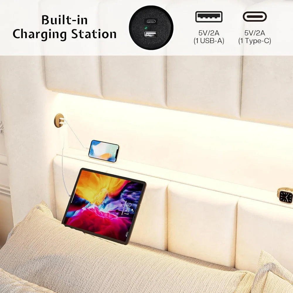 Velvet Upholstered Platform Bed Frame with Charging Station and Storage Headboard