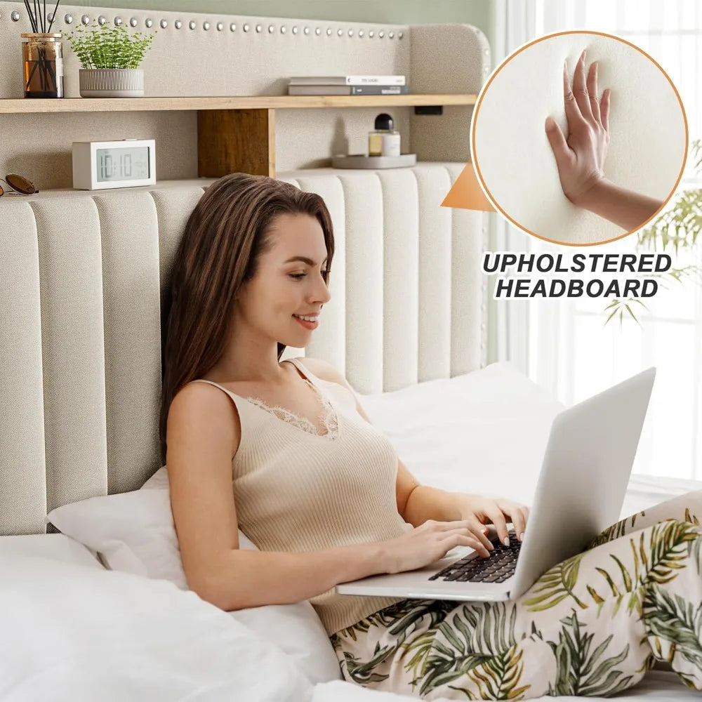 Cushion upholstered Bed Frame with 2 Drawer Storage