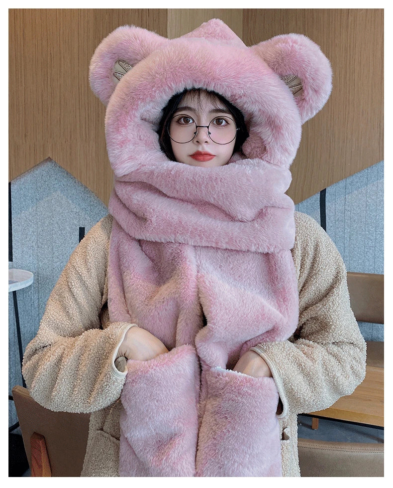 Super Thick Warm Plushie Bear Hooded Scarf