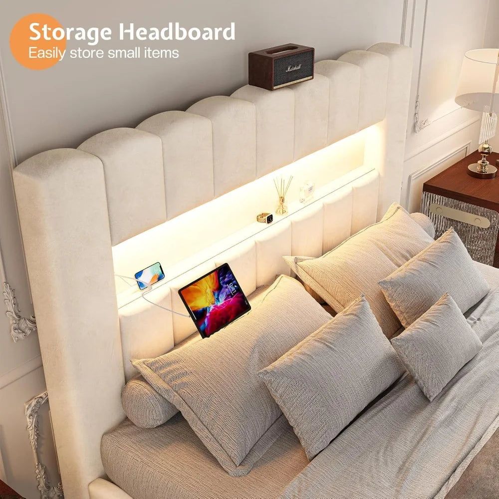 Velvet Upholstered Platform Bed Frame with Charging Station and Storage Headboard