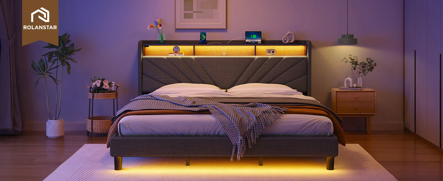 Bedframe with Storage Headboard and Upholstered with Heavy Duty Wood Slats