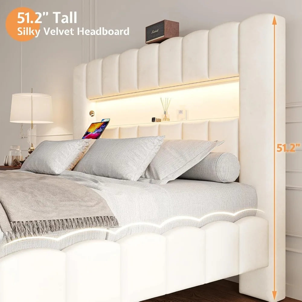 Velvet Upholstered Platform Bed Frame with Charging Station and Storage Headboard